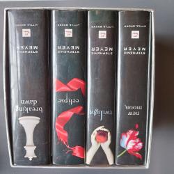Billede af bogen new moon, twilight, eclipse and breaking dawn.